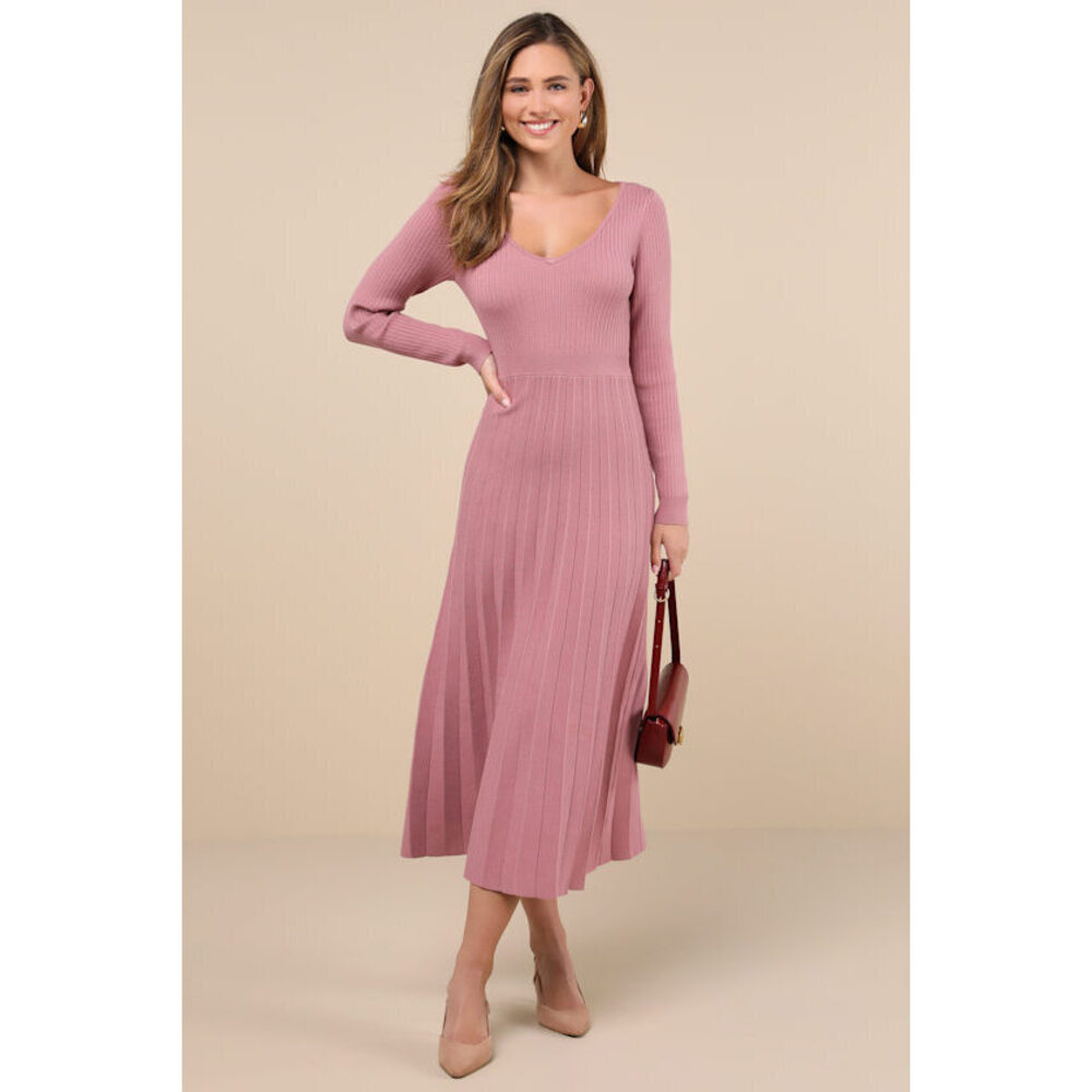 Lulus Snuggly Precision Mauve Pink Pleated Sweater Midi Dress - Size L